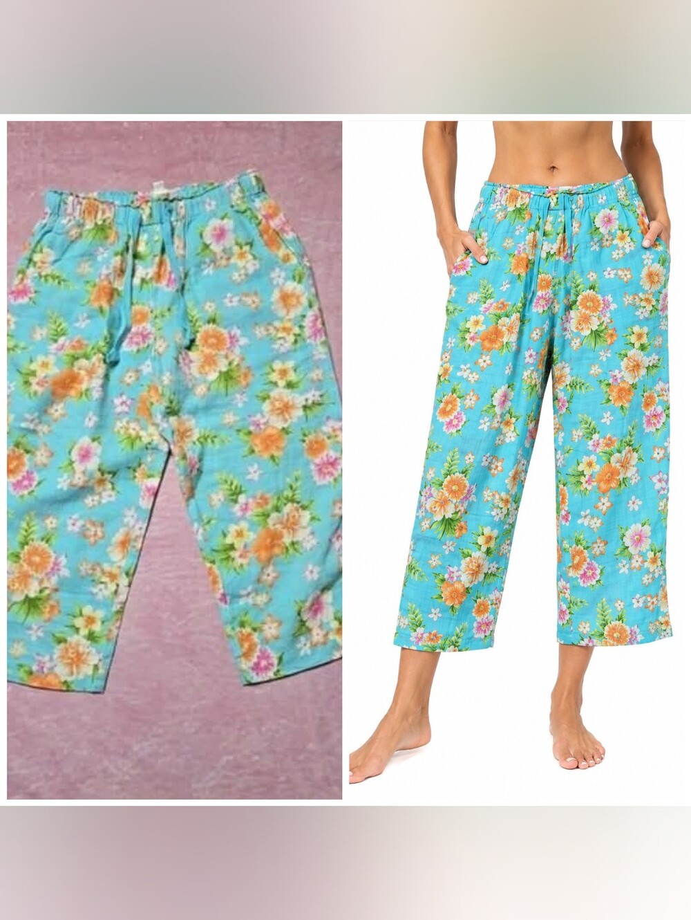 Jones New York Sport Linen Blue Floral Tropical Cropped Pants Size 8 Petite